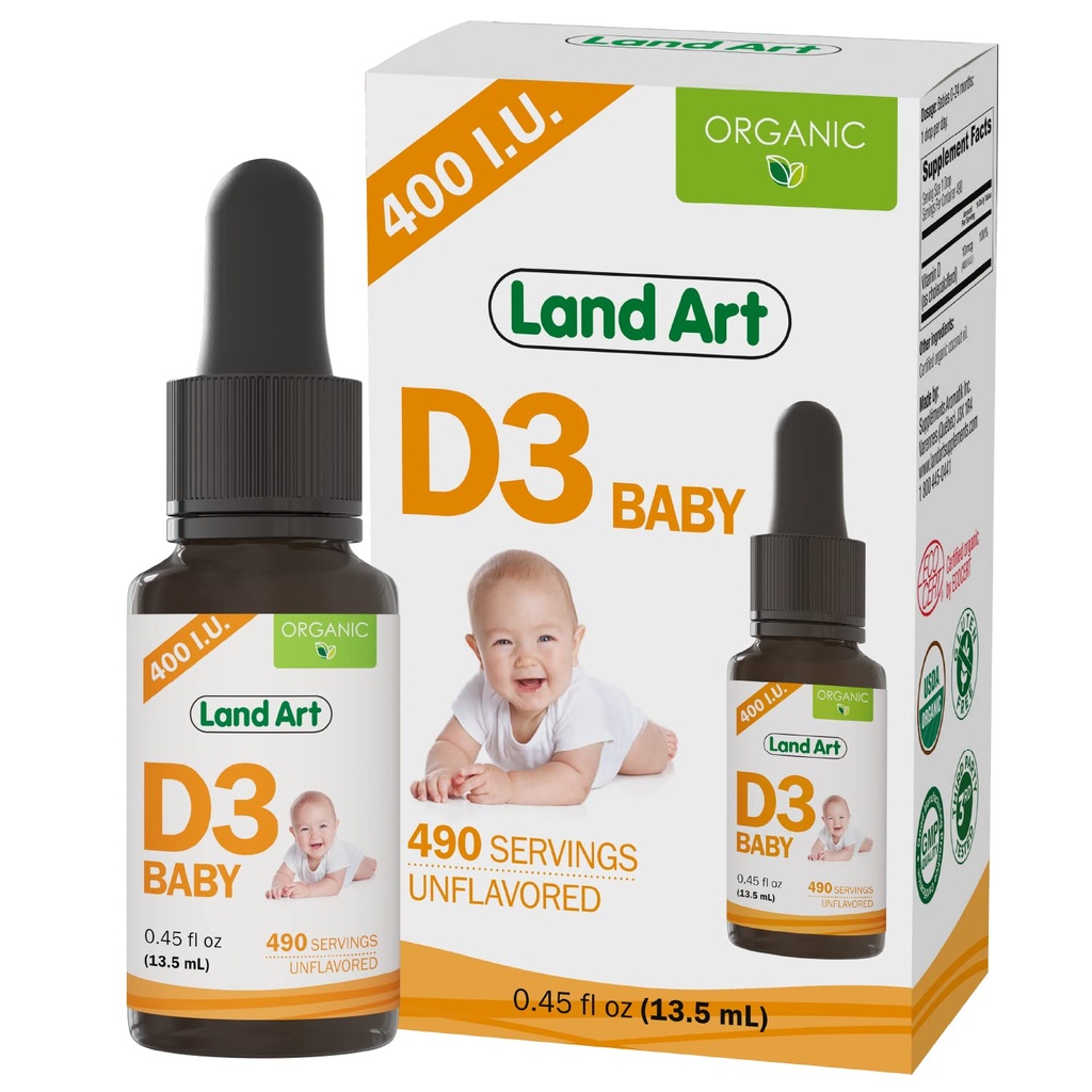 Land Art - Certified Organic Vitamin D3 Drops Baby - 400 IE per dråbe - 490 Servering - Understøtter Bone & Tandudvikling - Vitamin D Drypper til spædbørn og tandlæger - GMO- Free - Gluten- Free - 0,45 fl oz
