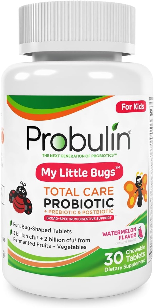 Probulin Total Care Kids Probiotiske Chewable Tablets, My Little Bugs Prebiotics, Probiotika, og Postbiotika Chew Kosttilskud, 5 Millioner CFU, 15 Strops, 30 Count Flaske