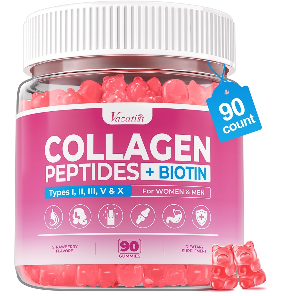 Sugar Free Collagen Gummies for Women & Men with Hydrolyzed Collagen Peptides, Biotin & Vitamin C, Multi Collagen Types I II III V X for Skin Hair Nails Digestive & Immune Health, 90 Count