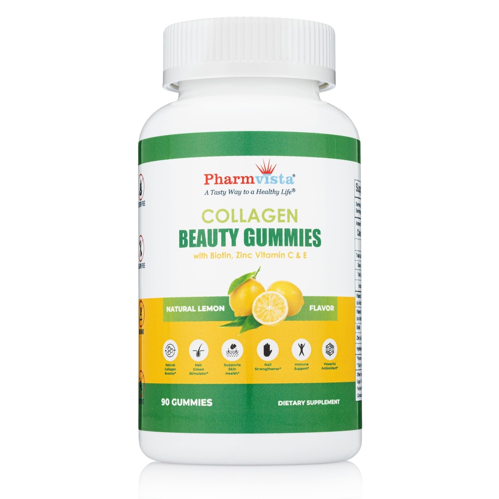 Pharmvista - Collagen Gummies with Biotin, Zinc, Vitamins C & E for Hair Skin and Nails Support, 90ct