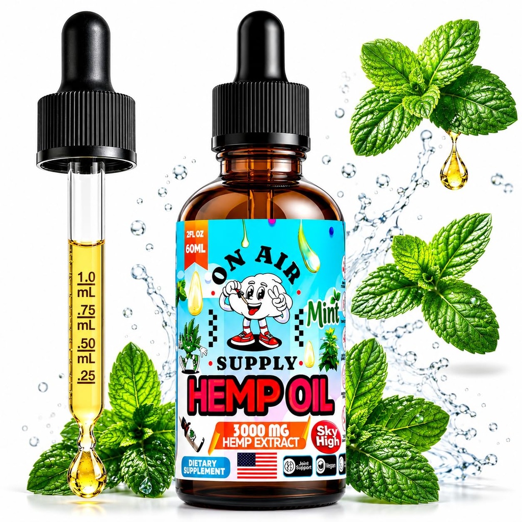 Hemp Oil 3,000mg – 2 fl oz (60ml) - Mint Flavor, Non-GMO Omega 3 6 9 for Skin, Hair & Immune Support - Natural Sleep Bedtime Aid - Made in USA