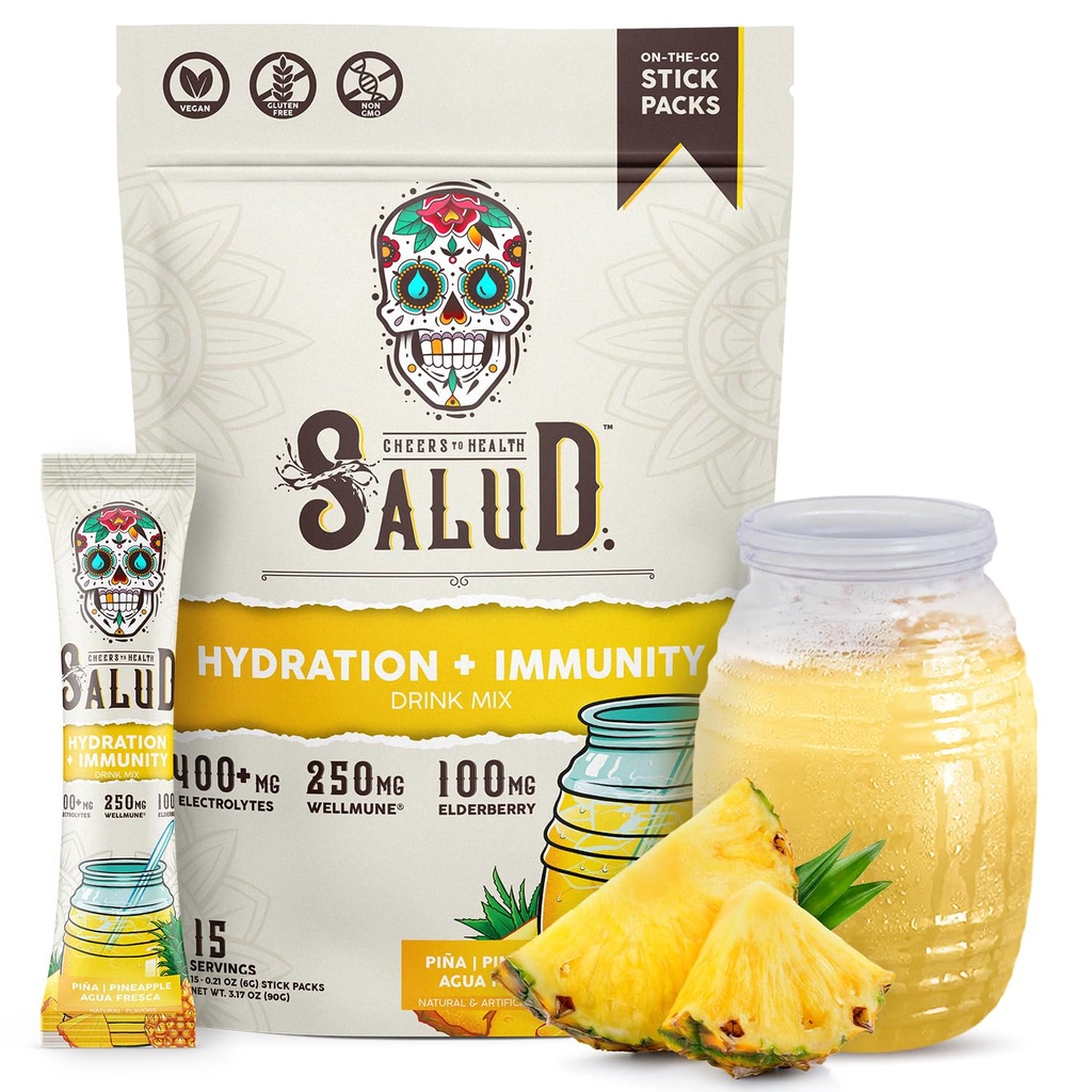 Salud 2-in-1 Hydration Pakninger + Immunity Electrolytes Powder, Ananas - Agua Fresca Drink Mix, Elderberry, Dairy & Soy Free, Non- GMO, Gluten Free, Vegan, Low Calorie, 1g sukker (15 Servere)