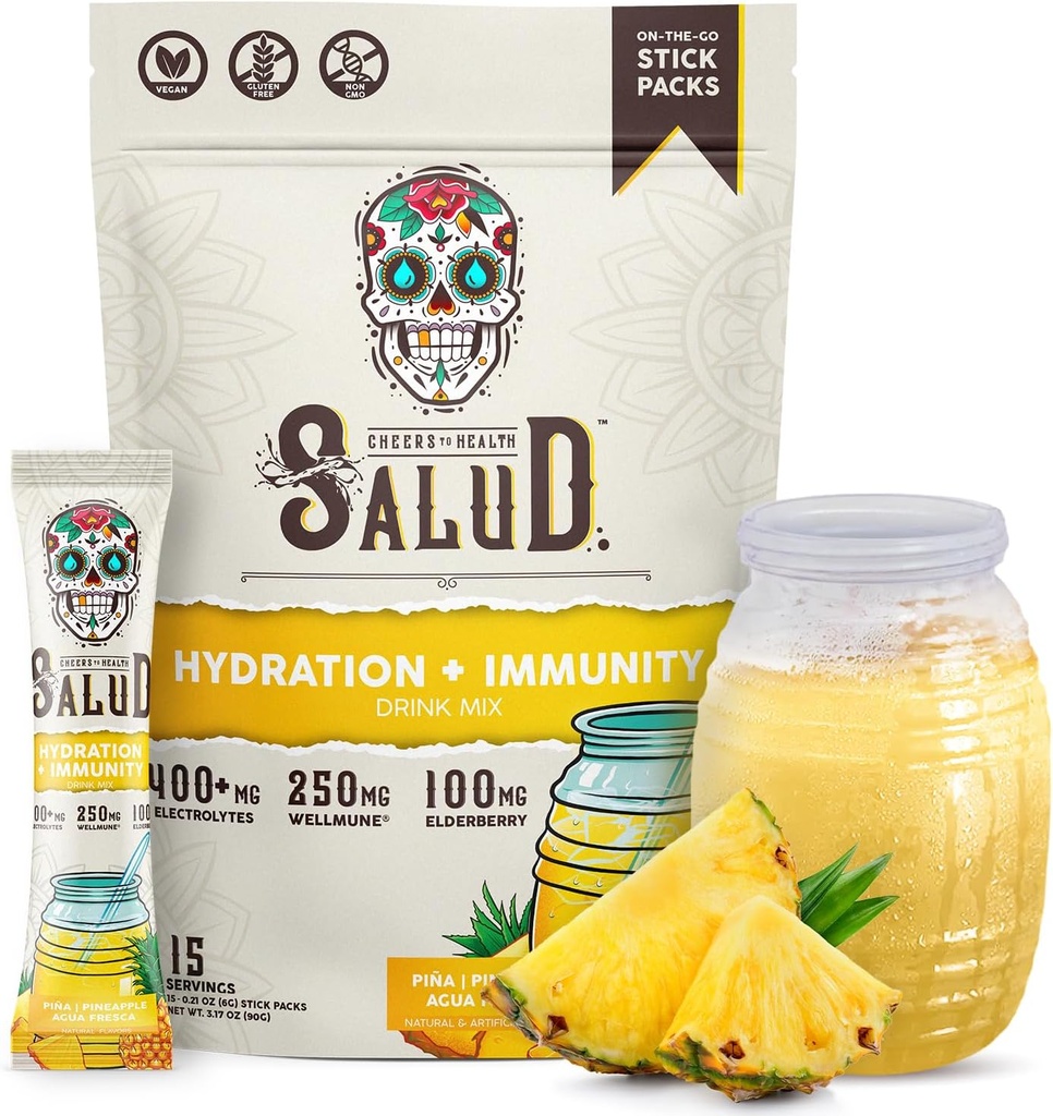 Salud 2-in-1 Hydration Pakninger + Immunity Electrolytes Powder, Ananas - Agua Fresca Drink Mix, Elderberry, Dairy & Soy Free, Non- GMO, Gluten Free, Vegan, Low Calorie, 1g sukker (15 Servere)
