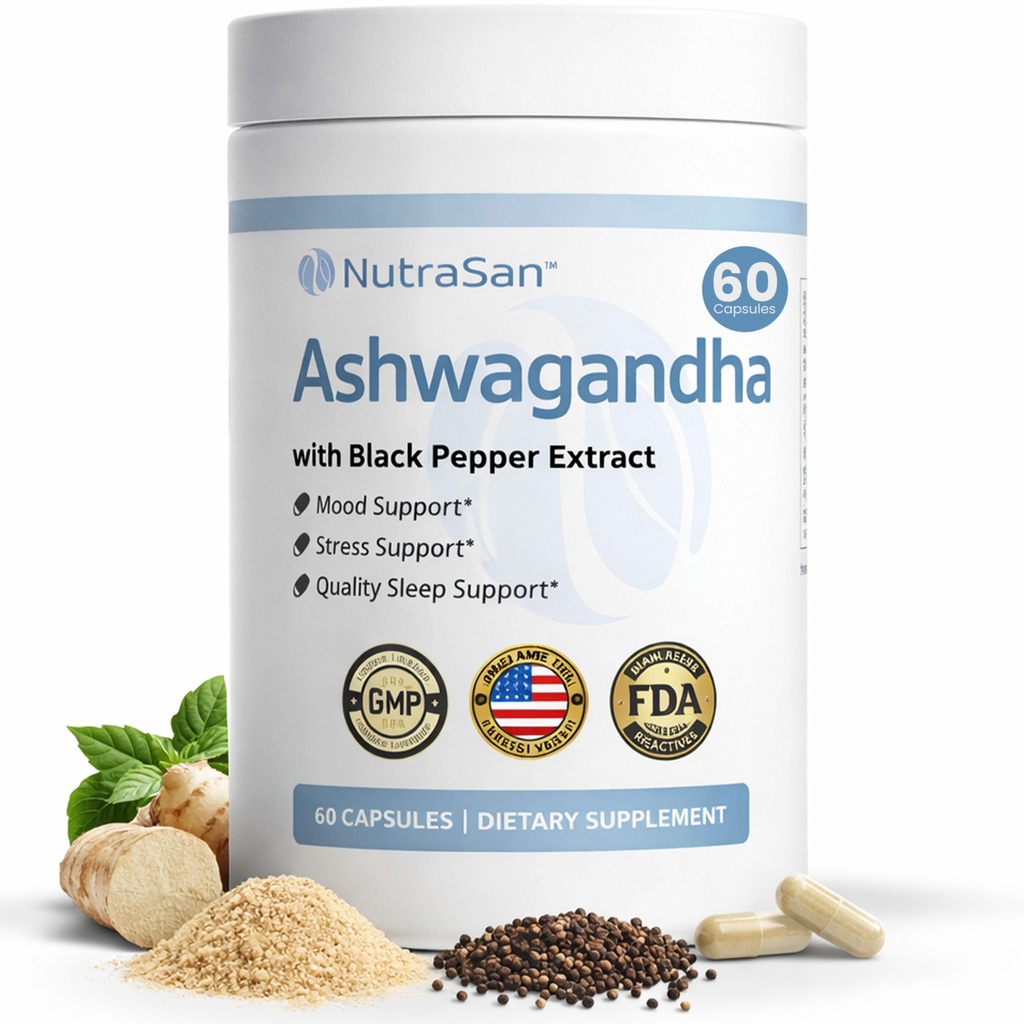 Ashwagandha Supplement 600mg with Black Pepper Extract - Organic Ashwagandha Root Extract for General Wellness, Non-GMO, Gluten-Free 60 Capsules