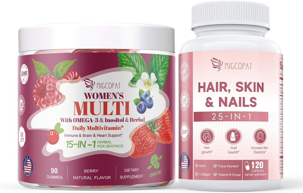 Womens Multivitamin Gummies & Hair, Skin & Nails Supplement Bundle, Brain & Heart Support, Gut & Digestion, Hair Growth, Skin Health, Nail Strength