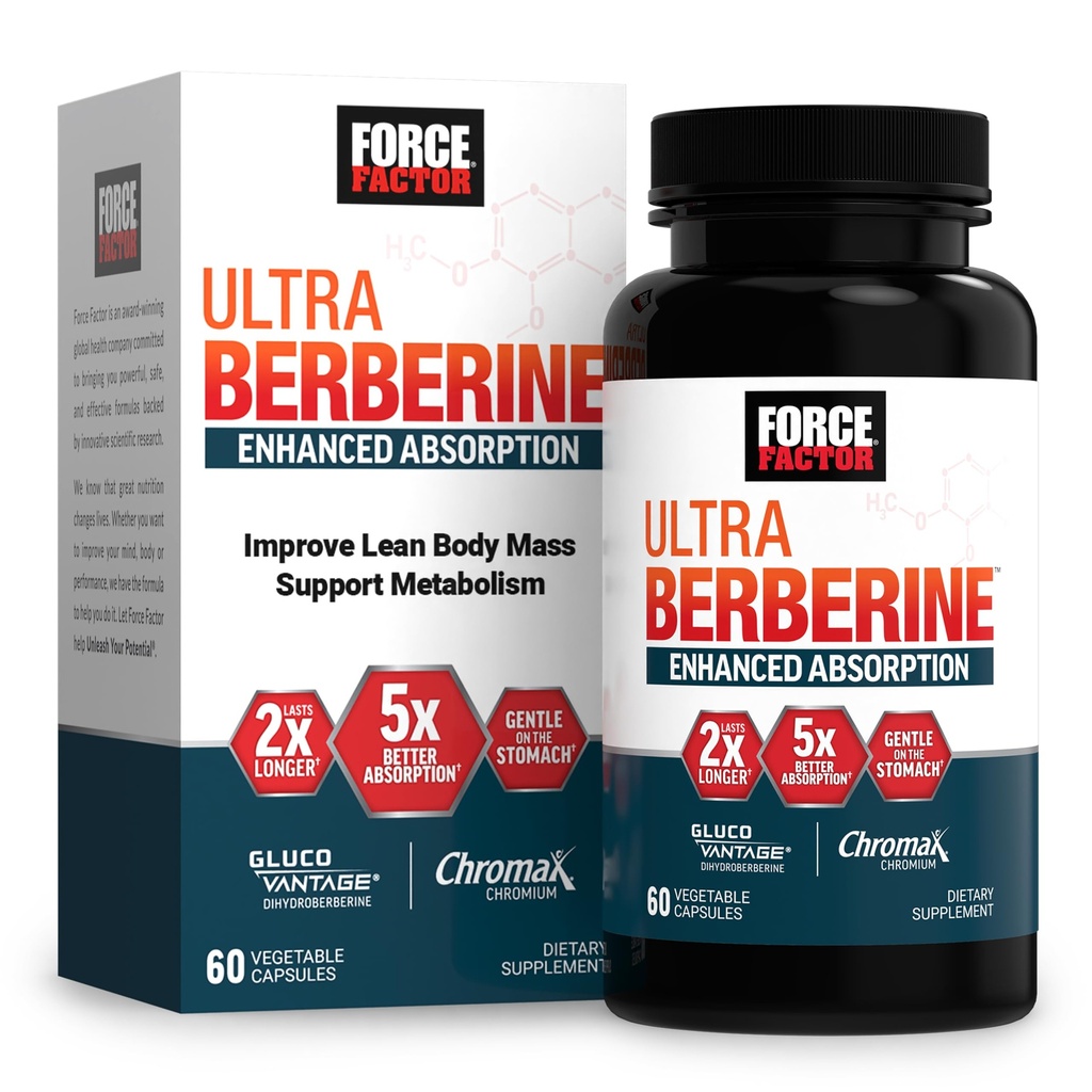 FORCE FACTOR Ultra Berberine Enhanced Absorption, with Ceylon Cinnamon, Dihydroberberine & Chrom, 5X Absorption, 2X Længere Lancering, Promote Lean Body Mass, 60 Vegetabilske kapsler
