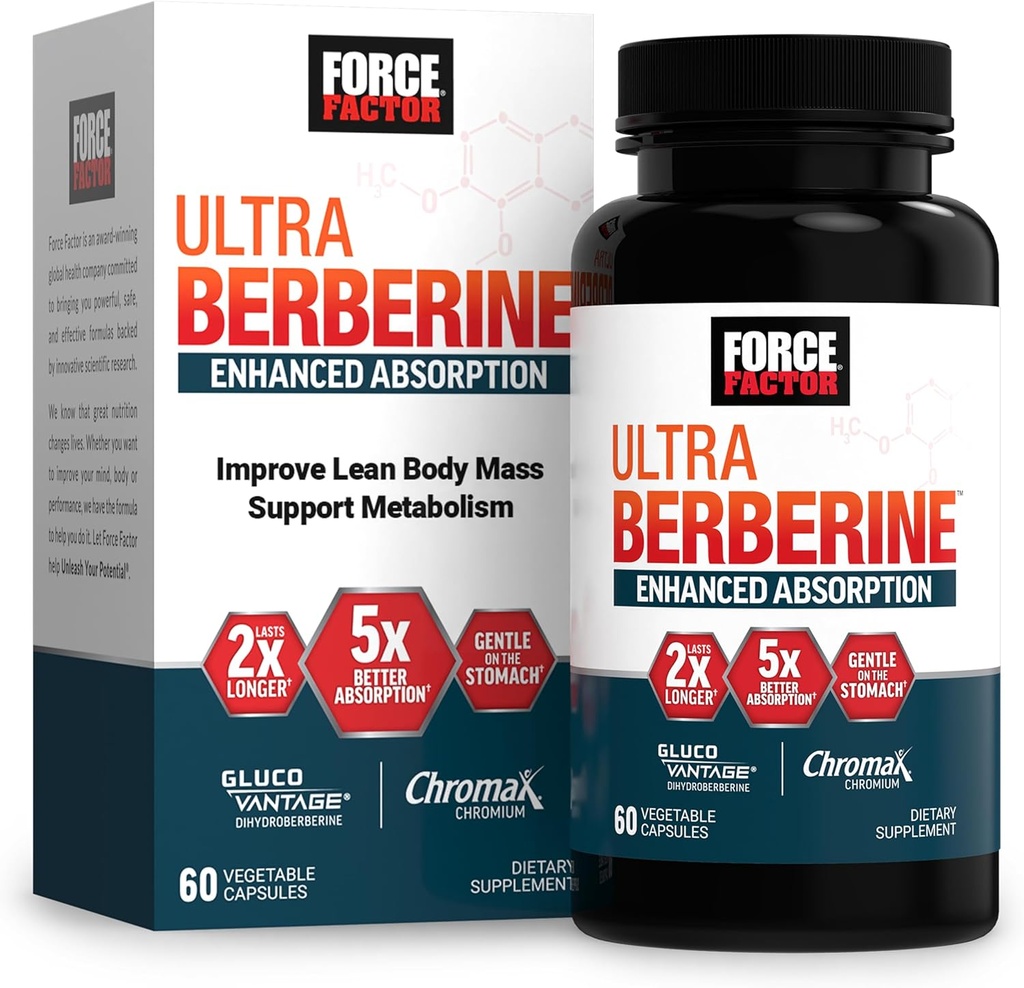 FORCE FACTOR Ultra Berberine Enhanced Absorption, with Ceylon Cinnamon, Dihydroberberine & Chrom, 5X Absorption, 2X Længere Lancering, Promote Lean Body Mass, 60 Vegetabilske kapsler
