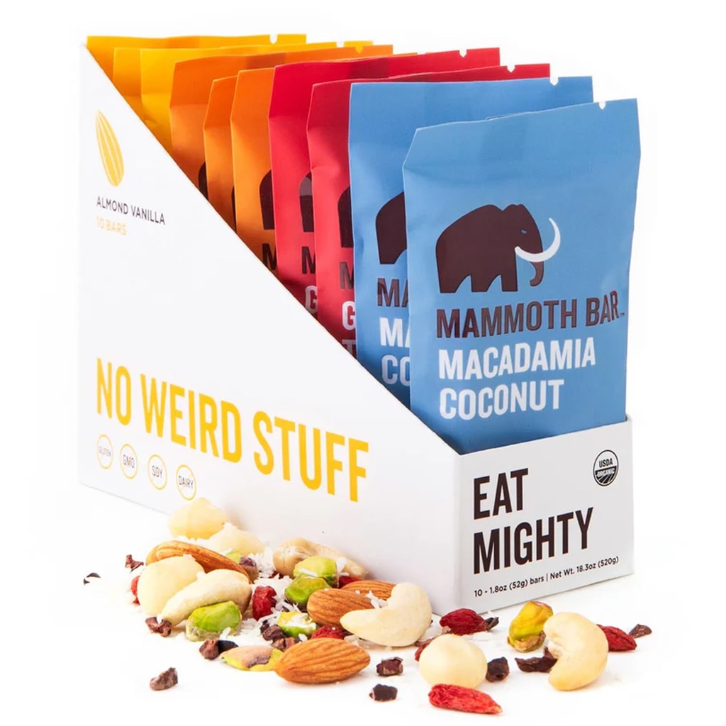 Mammoth Bar Variety Pack - 10 Organic Protein Bars - Prebiotic • Paleo • Gluten Free • Egg Protein • GMO Free • Raw • Premium Nuts