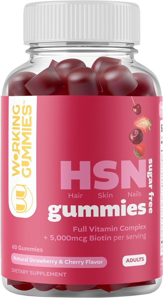 HSN Gummies - Hår Hud og negle Gummies - Sukker fri Biotin Gummies 5000mcg med fuld Vitamin Complex til hårvækst, sund hud, neglestyrke - 60 Ct Jordbær & Cherry Flavor