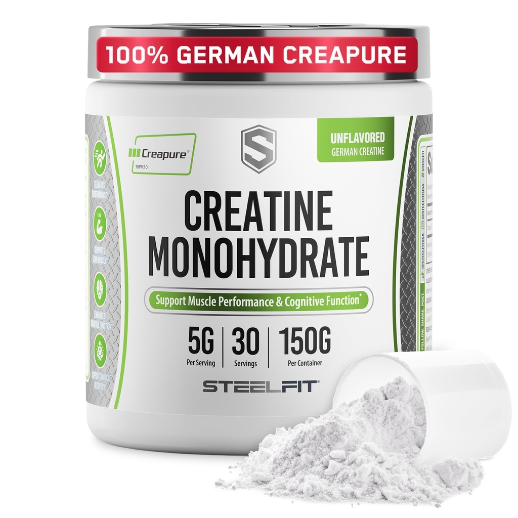 SteelFit Creapure Creatine Monohydrate Powder - German Creatine Powder for Men & Women - Gym Workout Nutritional Supplements for Muscle Gain, Brain Health & Strength Building, 5g Per Serv, 30 Servings