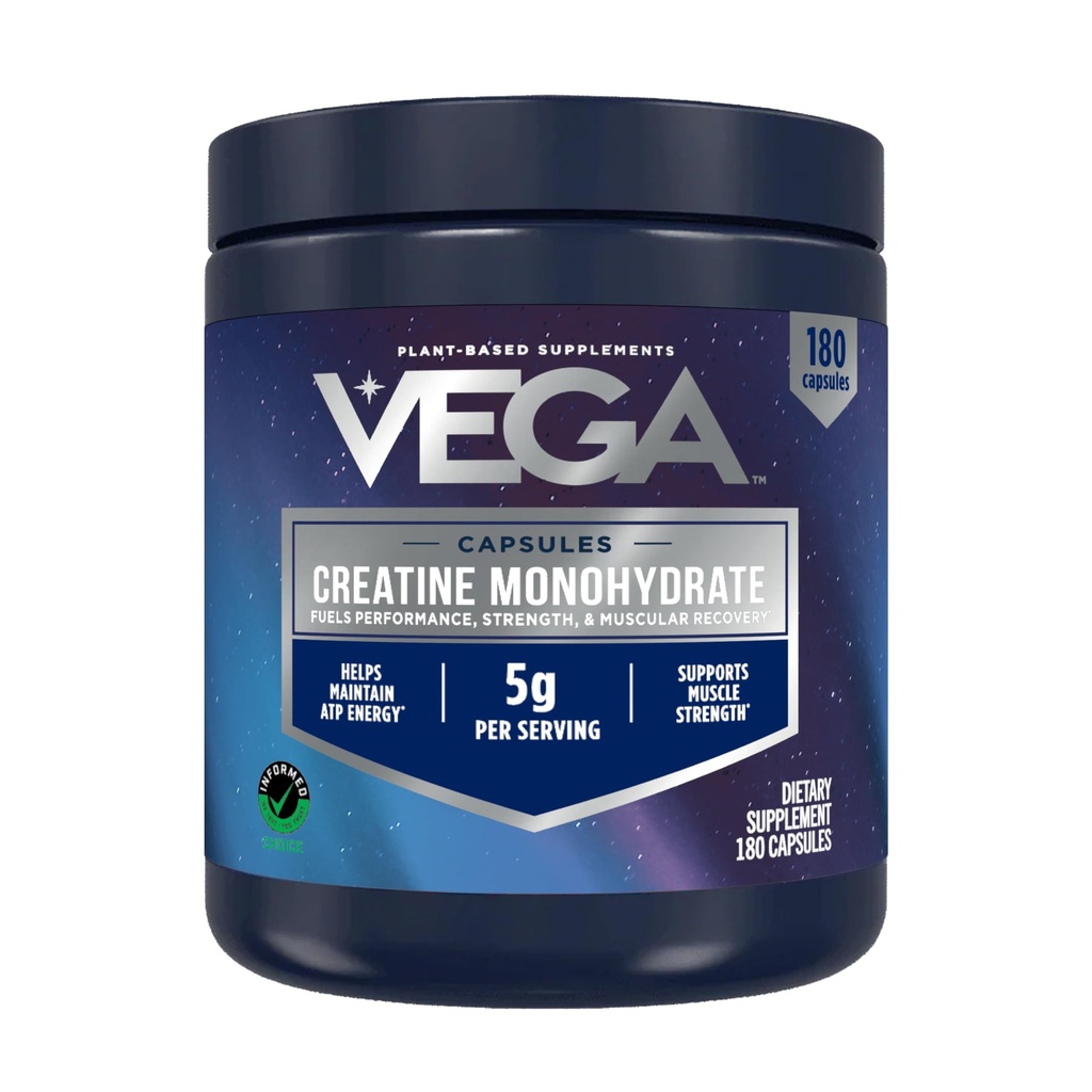 Vega Creatine Monohydrate Capsules, 5g Micronized Creatine Powder per Serving, for Lean Muscle, Support Cognitive Function, Pure, Unflavored, Sugar Free, 180 Pills (30 Servings)