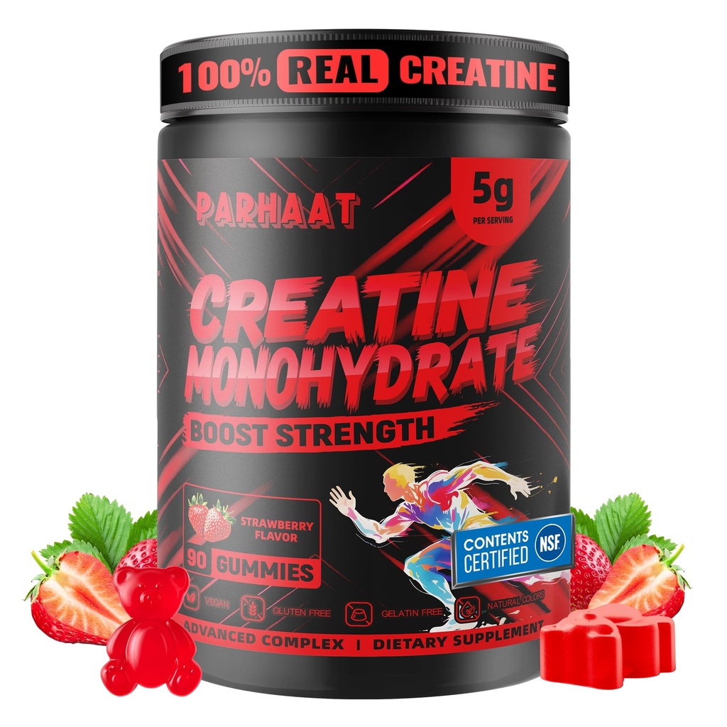 NSF Certified Creatine Gummy - Creatine Monohydrate Gummies 5g for Men & Women - Boost Focus,Strength, and Endurance, Vegan, Gluten-Free, Non-GMO, 2.5 Gram Creatine per Gummy (Strawberry 90 ct)