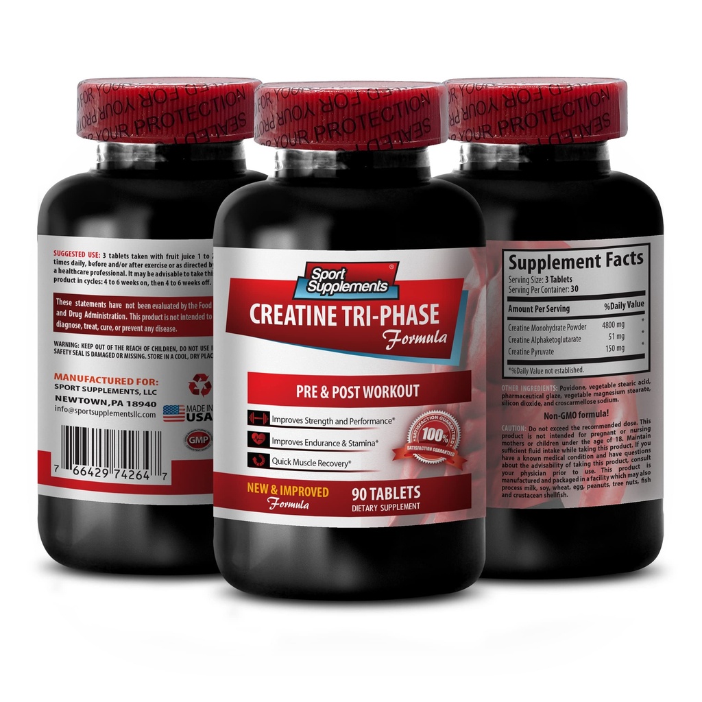 creatine for women and men - Creatine Tri Phase - Assist in Energy Production - Creatine monohydrate Pills, Creatine Monohydrate Powder, Creatine Alphaketoglutarate, Creatine Pyruvate - 1B 90 Tablets