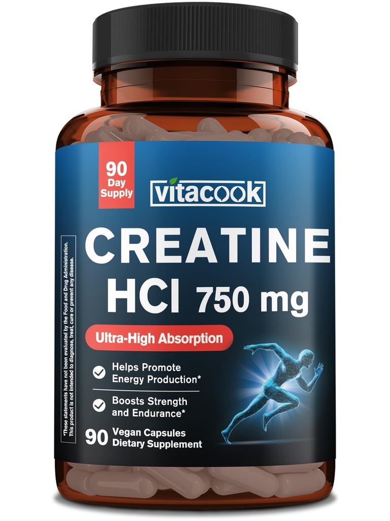 Creatine HCl 750mg, Ultra-High Absorption, Easily Digestible, No Bloat, No Load, Boosts Strength, Endurance, Energy Production, for Men & Women, 90 Vegan Capsules