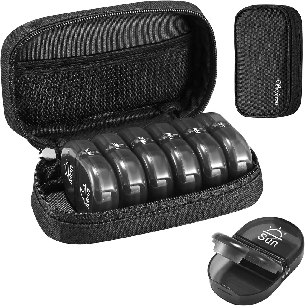 Serfeymi Weekly Travel Pill Organizer 2 gange en dag PM opgraderet Black Pill Box 7 dag med Portable Zipper Canvas Pill Case, Medicin Organizer til piller, Vitaminer, Kosttilskud, Fiskeolier - Black 01