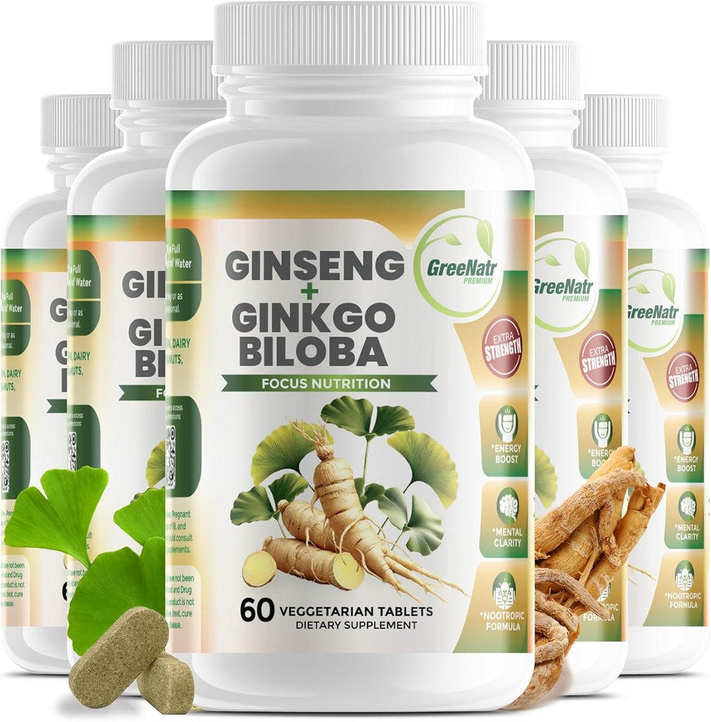 GreeNatr Ginko Biloba & Panax Ginseng Supplement - Rød Ginseng til hukommelse og fokus - Ginkgo Biloba til god vision, immunsystem og forbedret blodgennemstrømning (360 tabletter: 6 flasker)