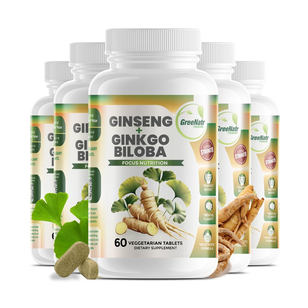 GreeNatr Ginko Biloba & Panax Ginseng Supplement - Rød Ginseng til hukommelse og fokus - Ginkgo Biloba til god vision, immunsystem og forbedret blodgennemstrømning (360 tabletter: 6 flasker)