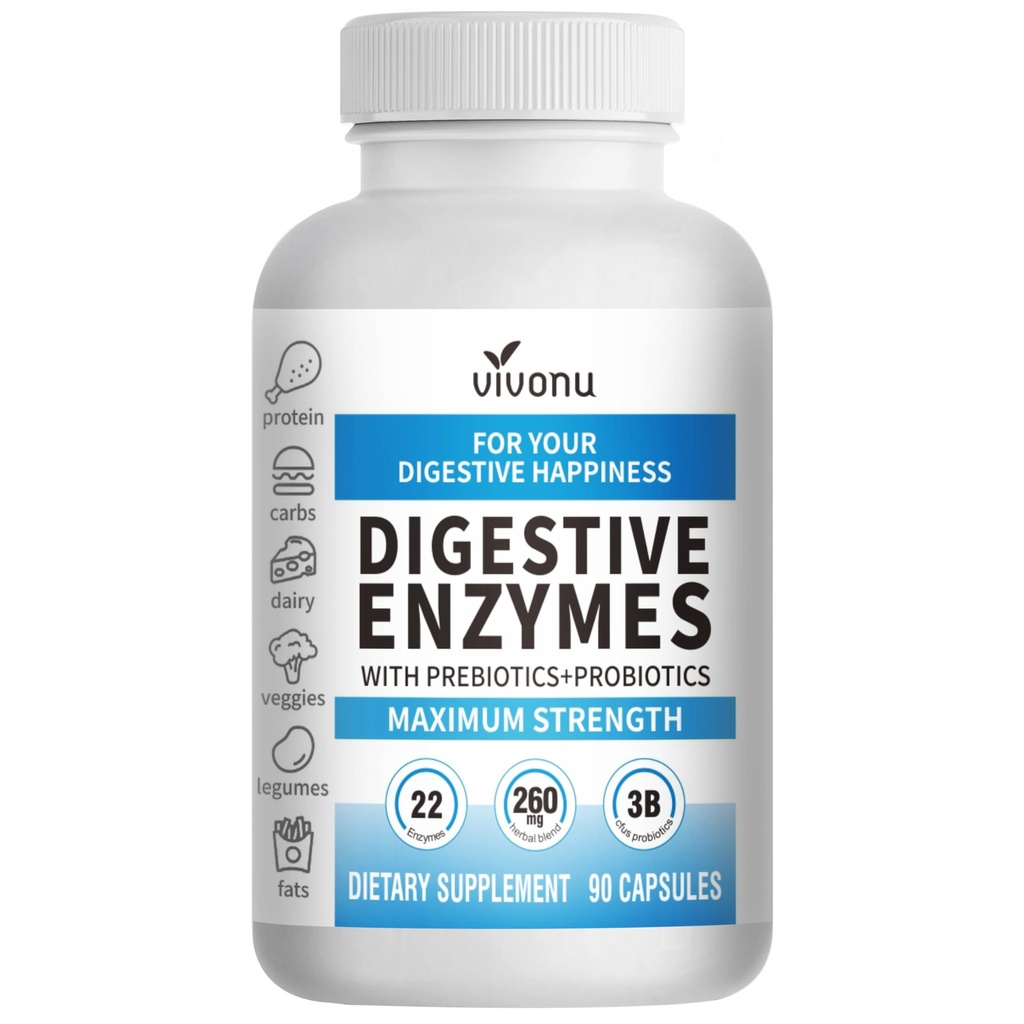 VivoNu Digestive Enzymes | 22 Enzymes with Organic Prebiotics & Probiotics | Supports Digestion* of Protein, Carbs, Fiber & Dairy | 90 Capsules