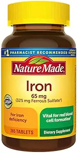 Nature Made Iron 65 mg 365 tabletter (325 mg Ferrosulfate), Kosttilskud til Red Blood Cell Support, 365 tabletter, 365 dag Supply - Bunded med nalkotSuppliments Guide