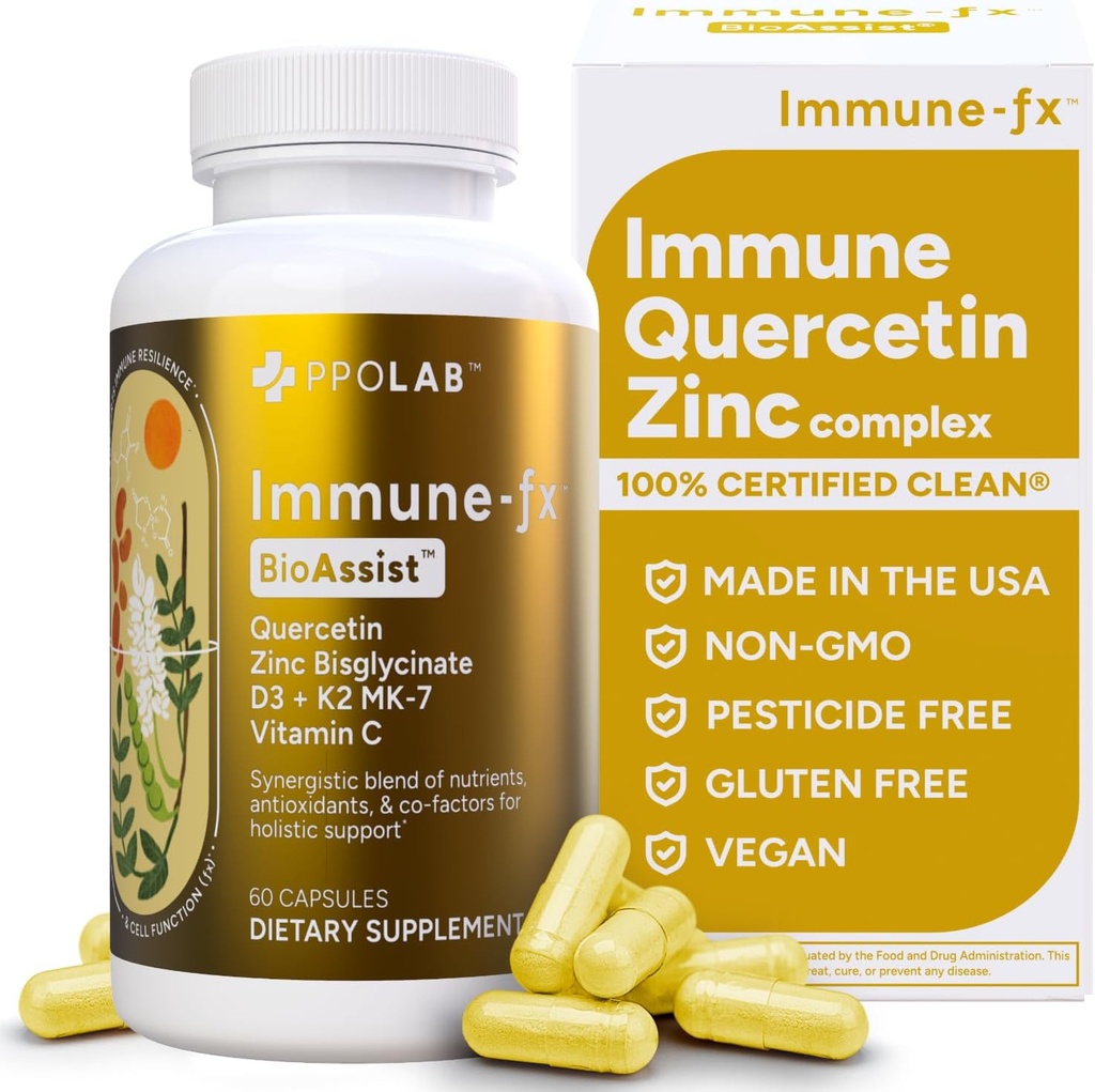 Immune- fx ™ Advanced Chelated Zink Ionophore Immunsupport & Allergy Health Supplement, Quercetin 500mg, Antioxidant Vitamin C, D3, K2 MK7, Promoes DNA, Heart, Lung, Sinus Health, 60 Veganske kapsler