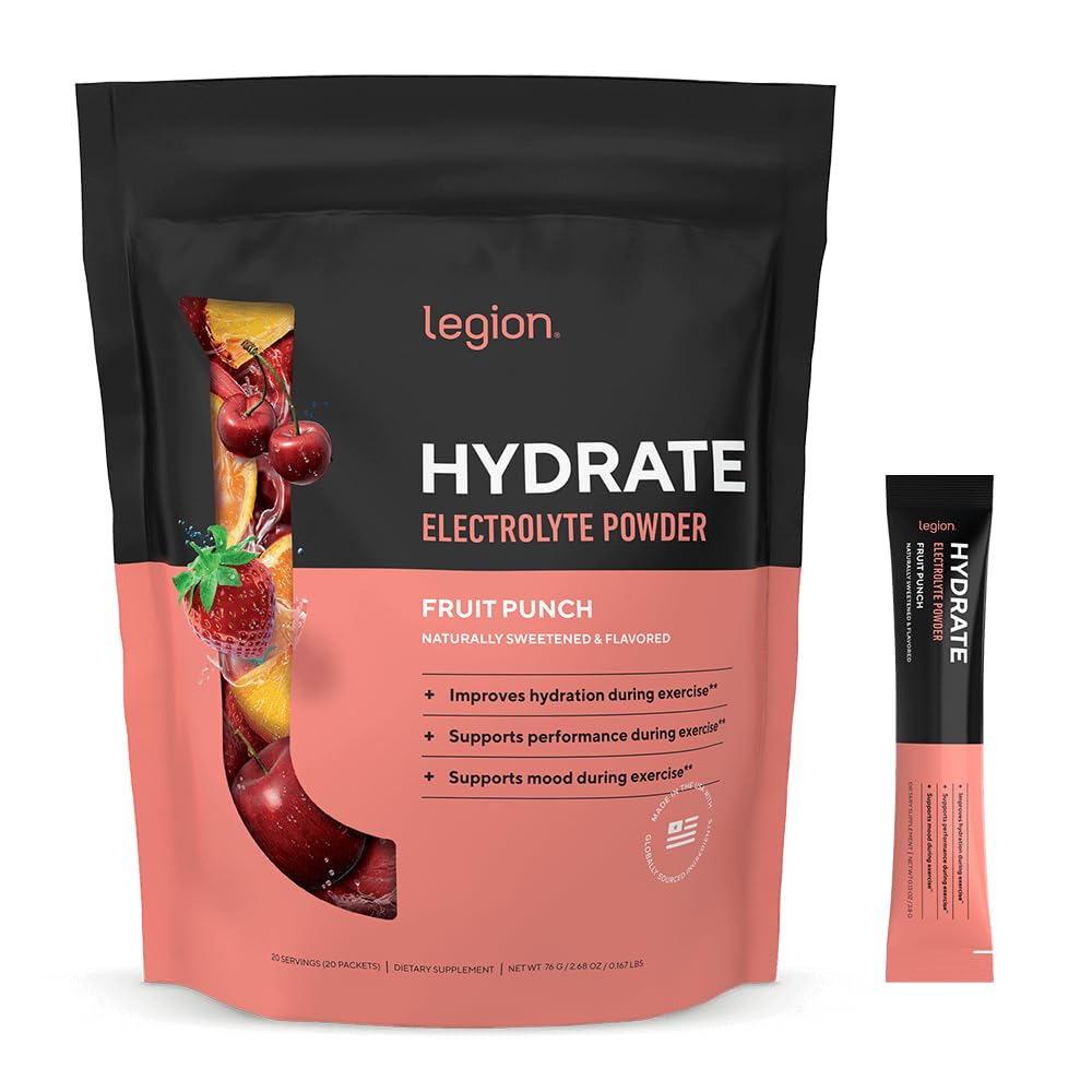 LEGION Hydrate Electrolyte Powder Packets with Sodium, Potassium & Magnesium – Sugar-Free Hydration Mix for Energy & Recovery (20 Serving, Fruit Punch)