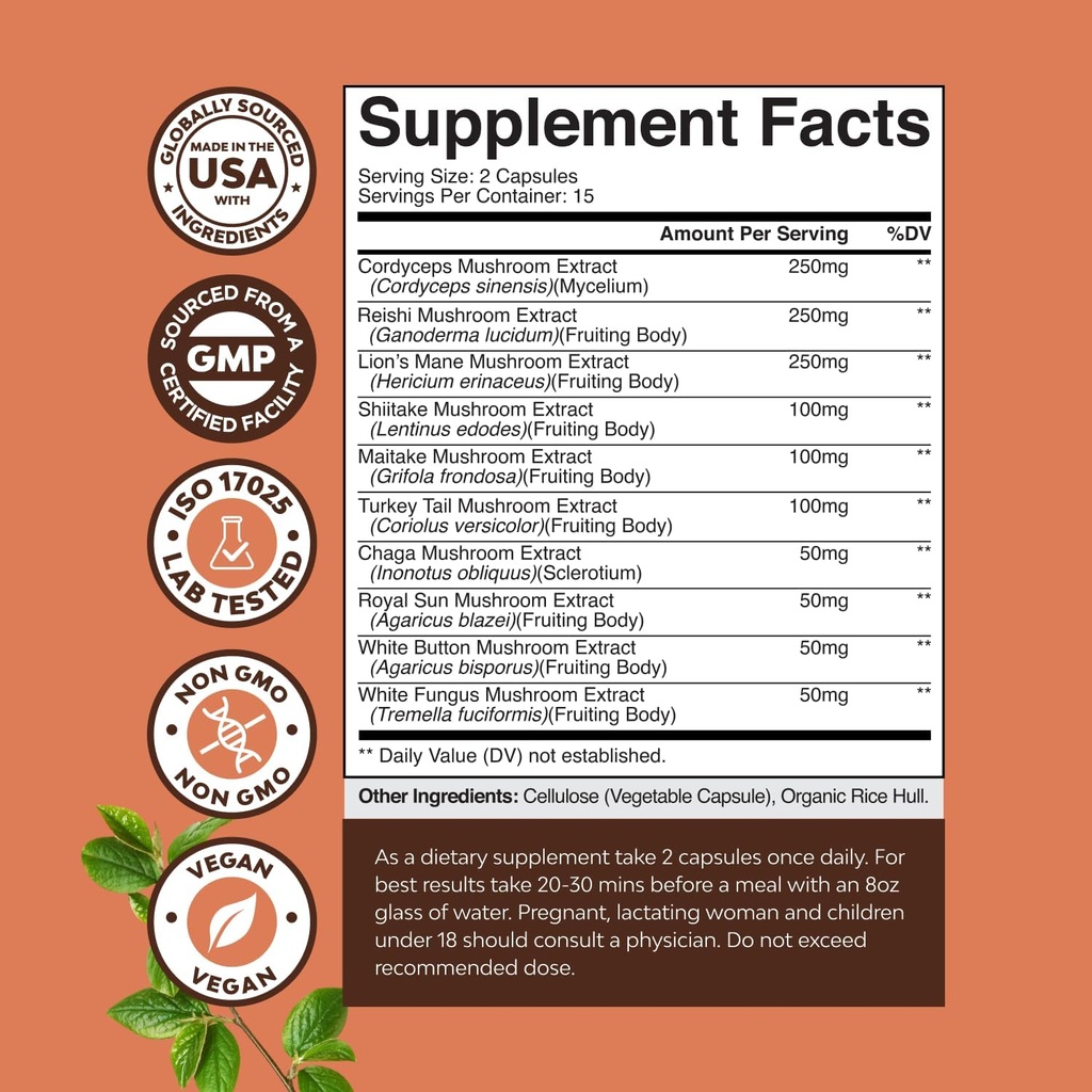 Advanced Mushroom Complex Kapsler - 10X Lions Mane Supplement kapsler med Reishi, Chaga, Maitake & Shiitake for Brain Health Memory Support & Focus - Nootrop for Mental Klarhed - 30 Caps