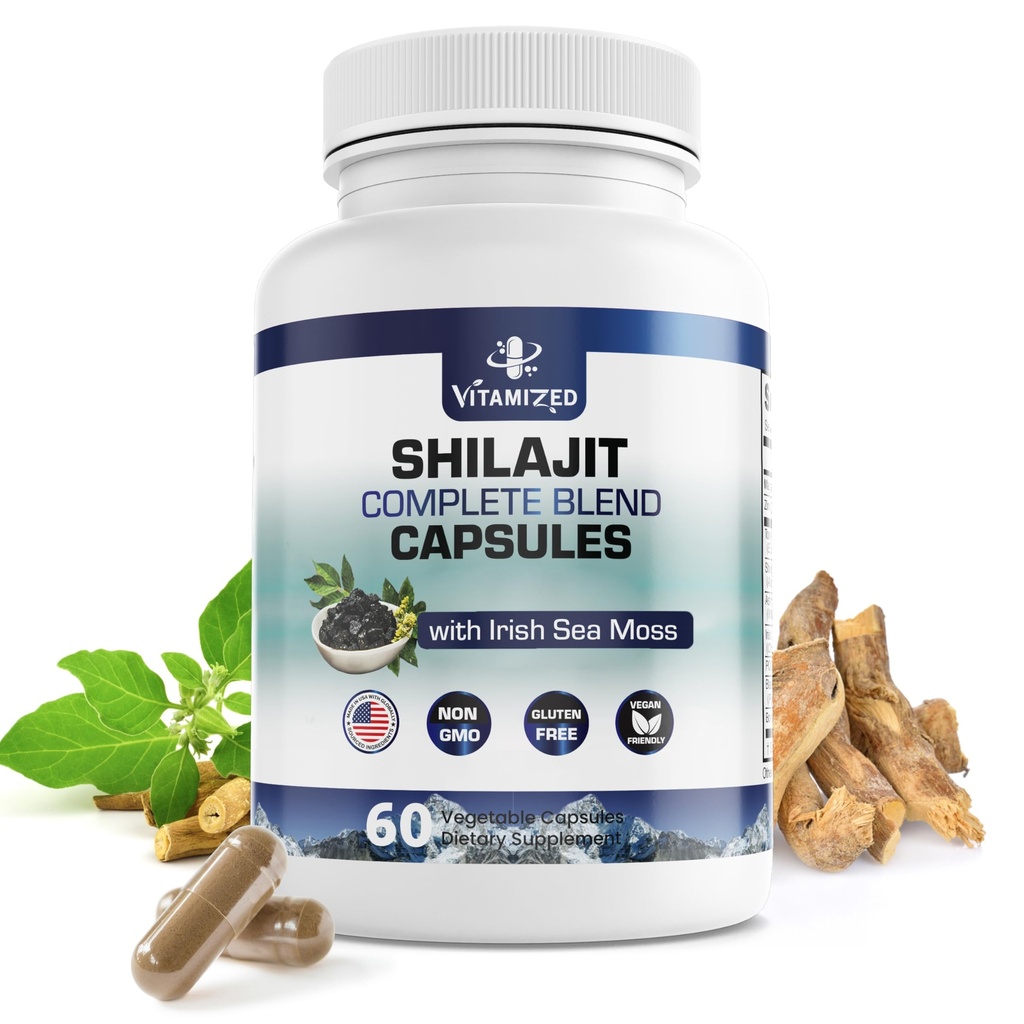 Pure Himalayan Shilajit for Mænd & Kvinder - 10,000mg Shilajit Ashwagandha Kosttilskud + Irish Sea Moss, Tongkat Ali, PQQ & mere - 60 kapsler