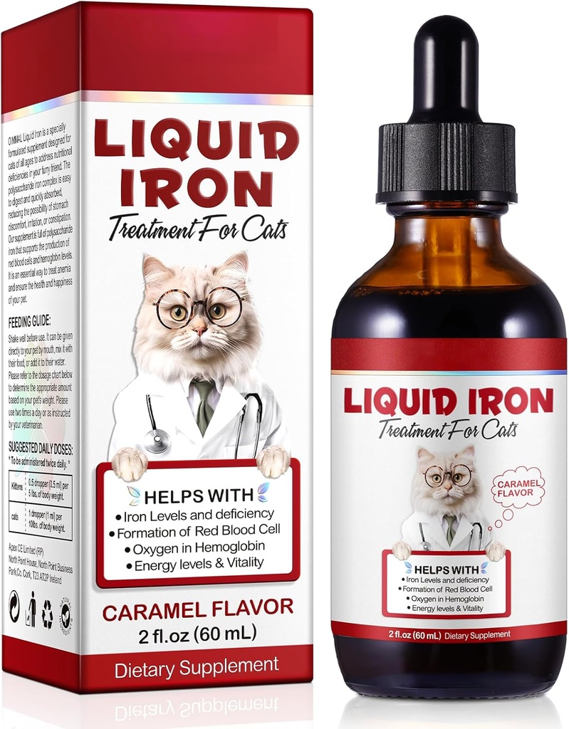 Liquid Iron for Cats, Liquid Iron Drops for Cats Supports Anemia, Low Enery Levels and Lethargy Cats- Improve Energy Levels & Vitality, Pet Supplies Cat Vitamin Supplement, Caramel Flavor - 2 fl.oz