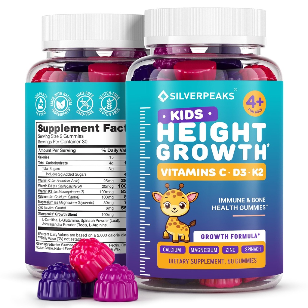 Højde Vækst Gummier for børn - Vækst Vitaminer for Teens, Højde Stigning Multivitamin for drenge & piger med Calcium Vitamin D C K2 Magnesium Zink, Natural Højde Vækst Maksimizer Supplement, 60 PCS