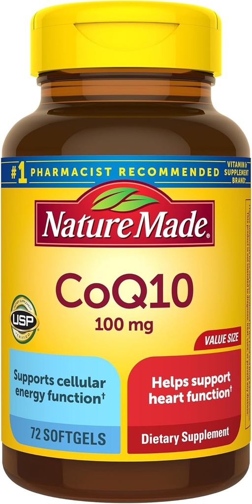 Nature Made CoQ10 100mg, Kosttilskud til Heart Health Support, 72 Softgels, 72 Day Supply