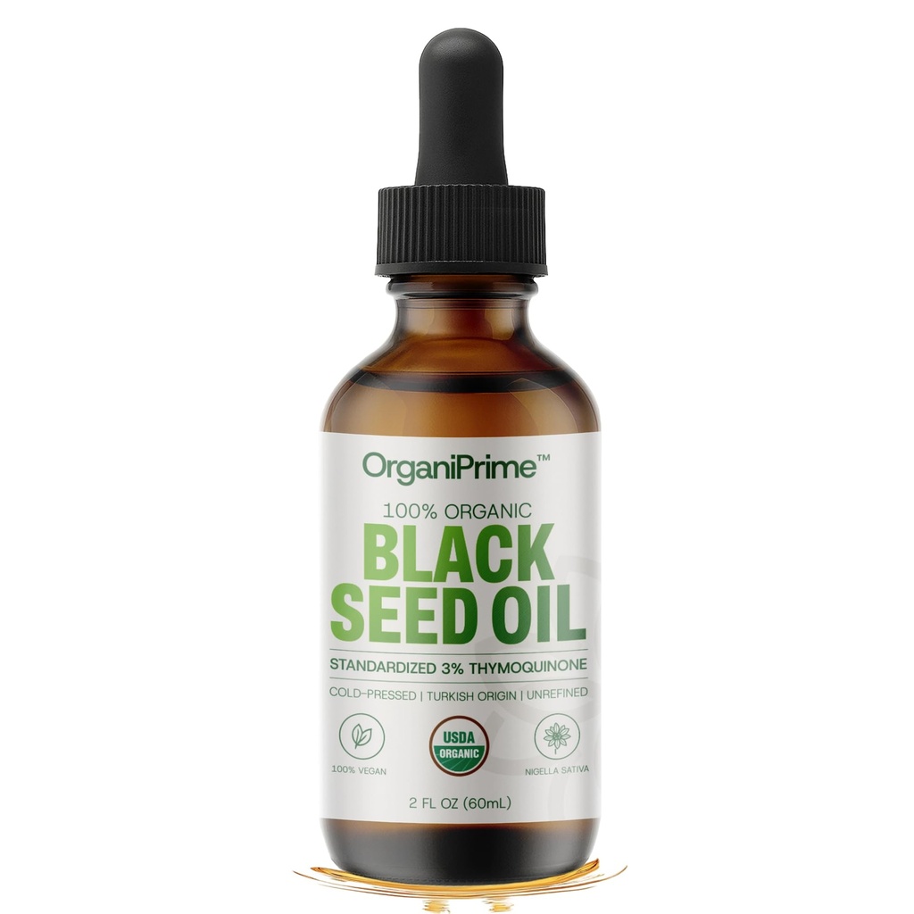 OrganiPrime Organic Black Seed Oil 2oz – High 3% Thymoquinone Content, Cold-Pressed Nigella Sativa From Turkey, USDA Organic, Vegan, Glass Dropper Bottle