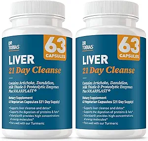 Dr. Tobias Lever 21 Day Cleanse, Urte Lever Detox Cleanse med Solarplast, Artichoke Extract, Milk Thistle, Dandeelion Extract & fordøjelsesenzymer, 63 Vegetabilske kapsler, 3 daglige, pakke med 2
