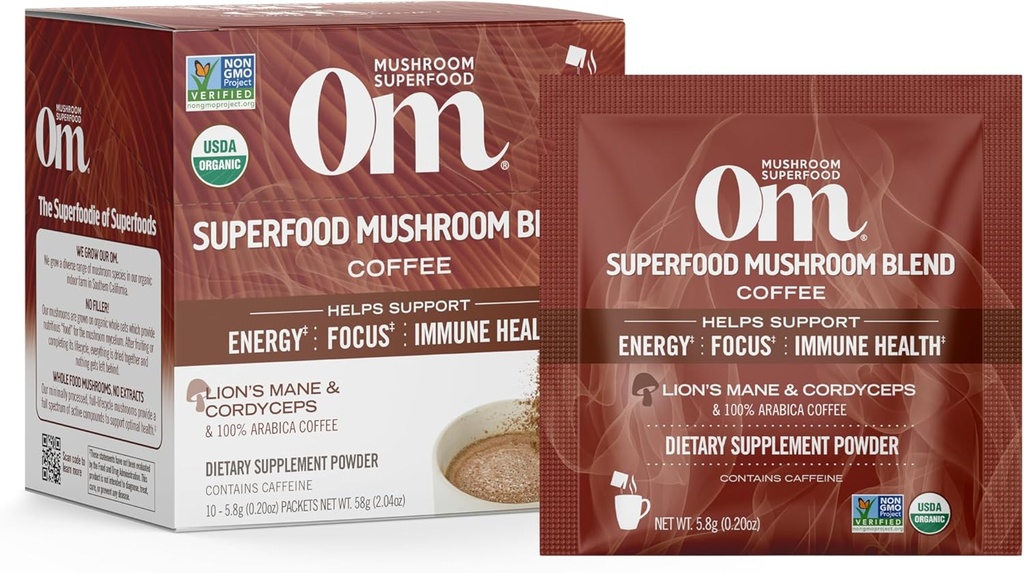 OM MUSHROOM SUPERFOOD Coffee Blend - Organic Arabica with Lion 's Mane, Cordyceps, Reishi, Tyrkiet Tail & Ginkgo Biloba - Understøtter energi, Focus & Mental Clarity - Single Serve Pack (10 Greve)