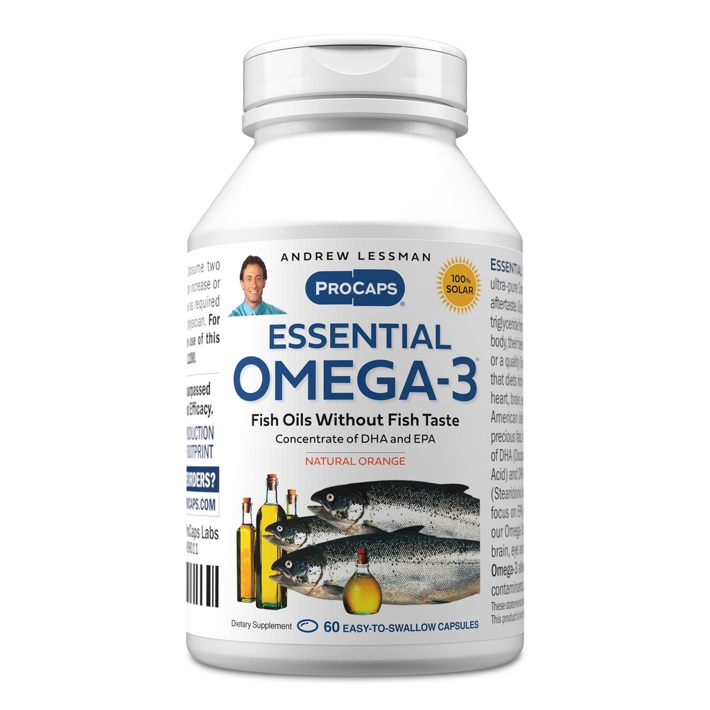 ANDREW LESSMAN Essential Omega-3 Orange - 60 Softgels - Ultra-Pure, High Potence Omega-3 Olies. Høj DHA, ingen stomach, ingen kontaminanter, ingen kviksølv. Lille let at synke bløddele