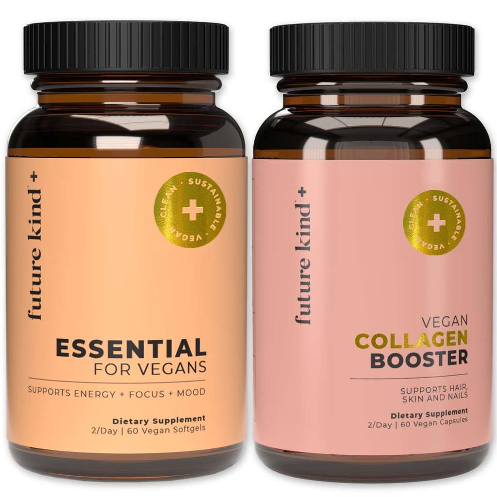 Future Kind Best Sælgere Bundle Buddy 124; Vegan Multivitaminer og Collagen Booster Buddy 124; Vegan Multivitaminer til kvinder og mænd med B12, Omega 3, og Vitamin D3 Buddy 124; Collagen understøtter hud, hår og negle sundhed