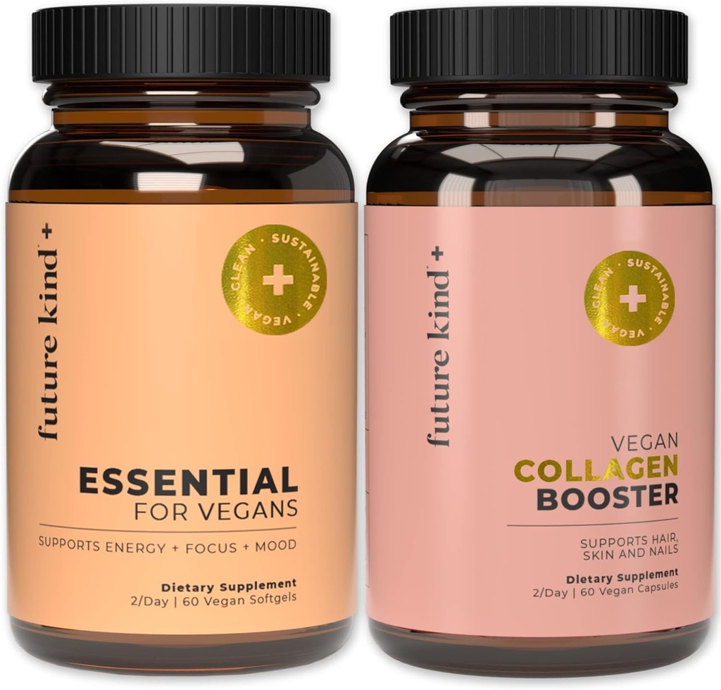 Future Kind Best Sælgere Bundle Buddy 124; Vegan Multivitaminer og Collagen Booster Buddy 124; Vegan Multivitaminer til kvinder og mænd med B12, Omega 3, og Vitamin D3 Buddy 124; Collagen understøtter hud, hår og negle sundhed