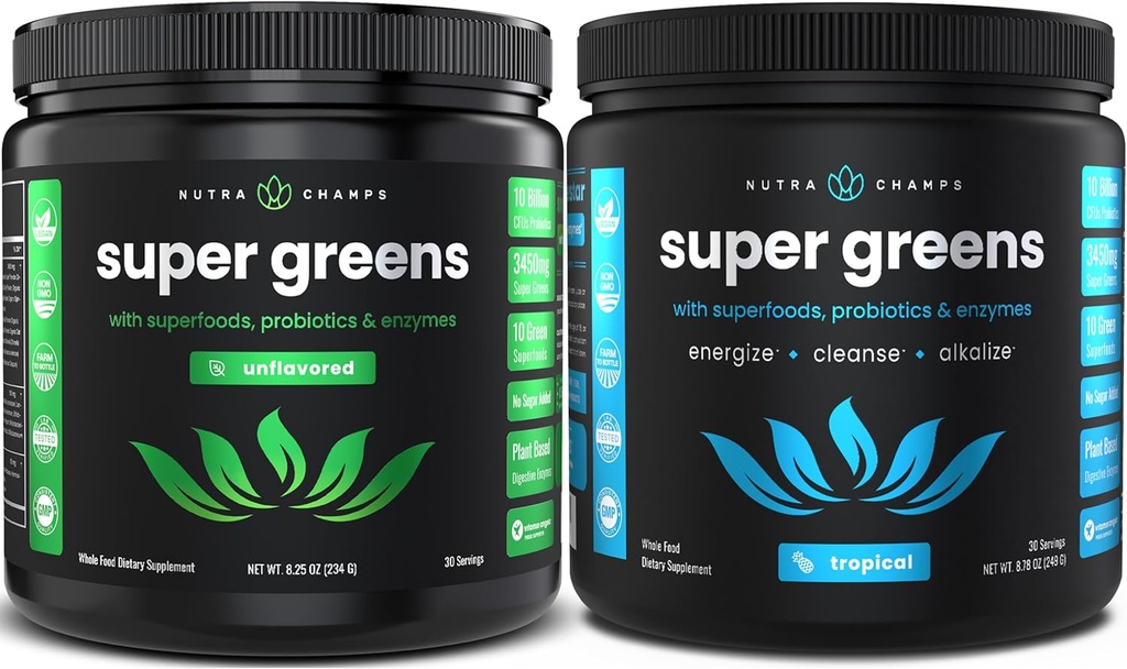 NutraChamps Super Green Unflavored & Super Green Tropical Bundle - 2 måneders forsyning