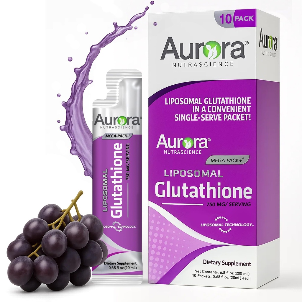 Aurora Nutrascience Mega- Liposomal Liquid Glutathion, Immuno & Antioxidant Gut Health Support, 750 mg per servering, Non- GMO, Sugar- Free, 10 enkeltsæt med servering