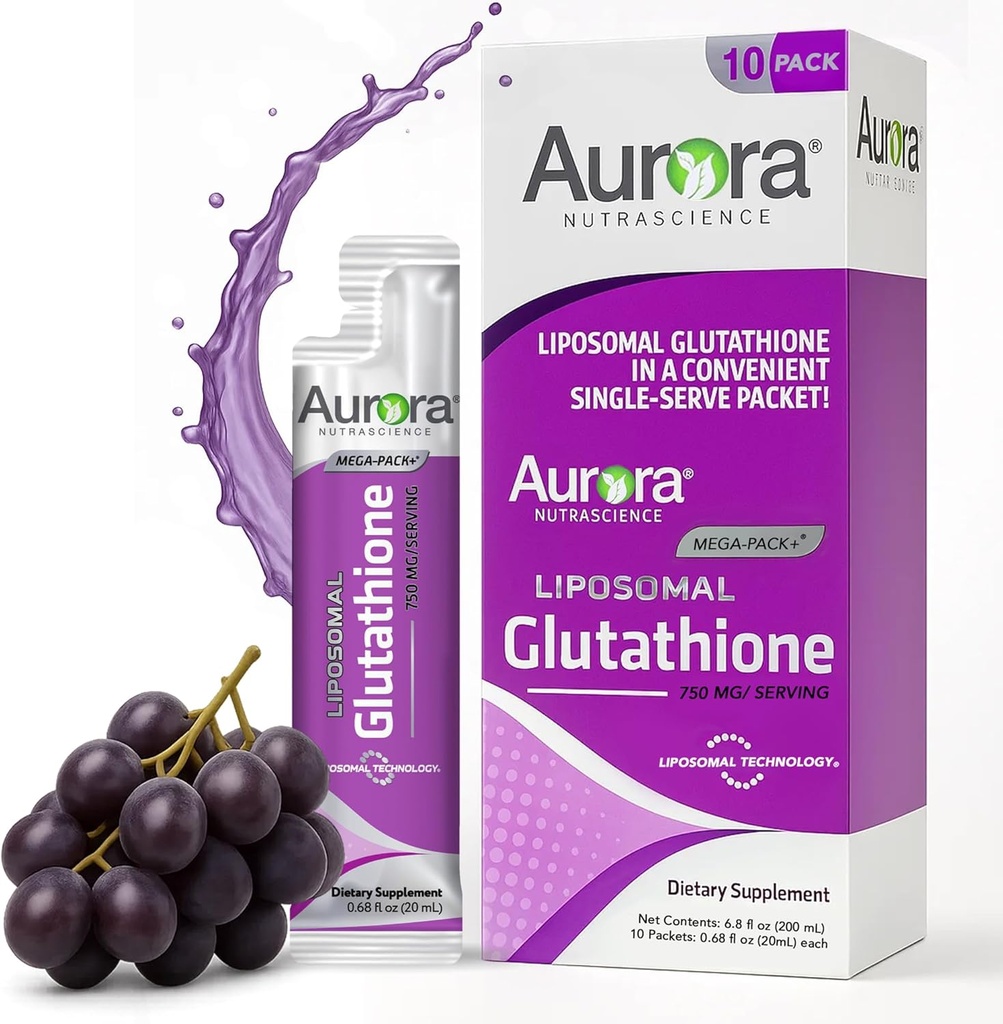 Aurora Nutrascience Mega- Liposomal Liquid Glutathion, Immuno & Antioxidant Gut Health Support, 750 mg per servering, Non- GMO, Sugar- Free, 10 enkeltsæt med servering