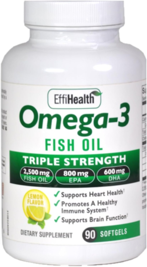 EffiHealth Omega-3 Fish Oil - Triple Strength 2500mg Fish Oil, 1200mg EPA, 600mg DHA - Understøtter Hjords sundhed, hjerne sundhed og immunforsvar - Lemon Flavor, Burpless Fish Oil