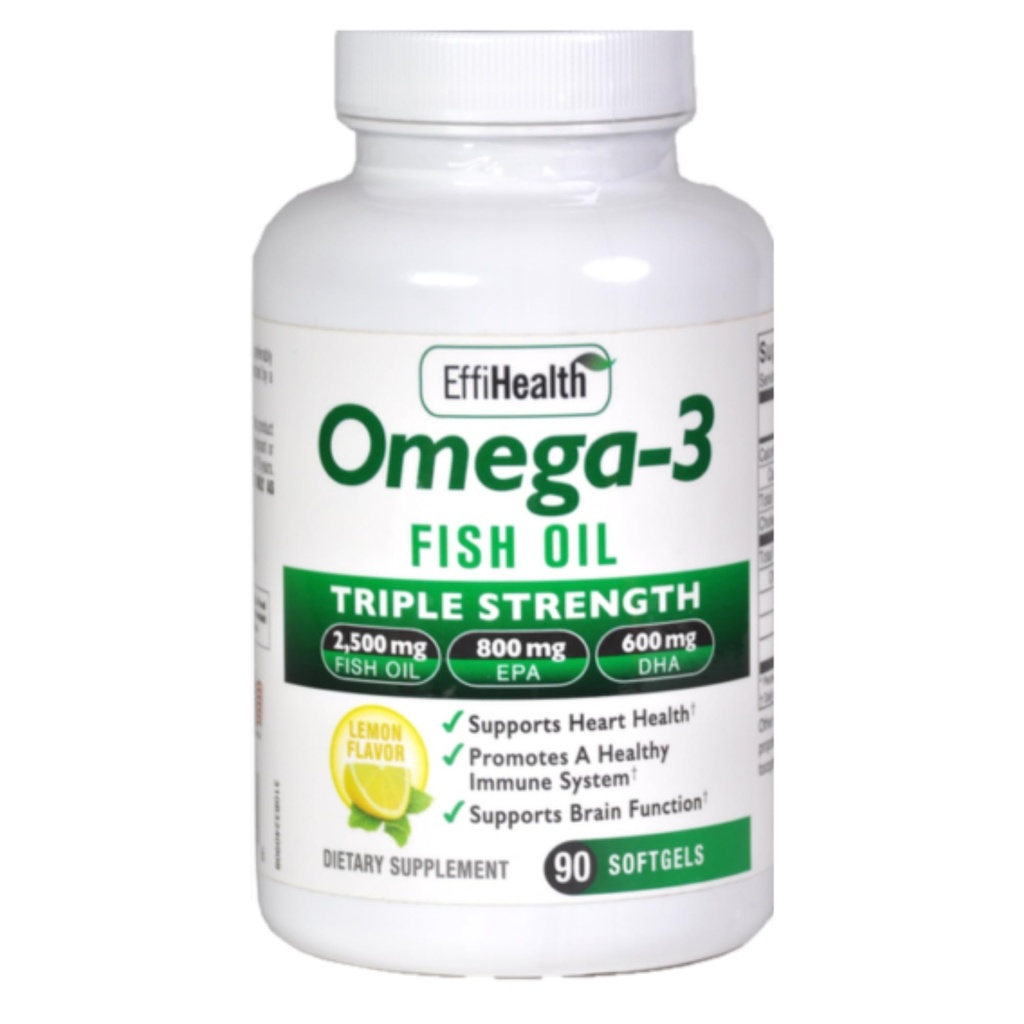 EffiHealth Omega-3 Fish Oil - Triple Strength 2500mg Fish Oil, 1200mg EPA, 600mg DHA - Understøtter Hjords sundhed, hjerne sundhed og immunforsvar - Lemon Flavor, Burpless Fish Oil