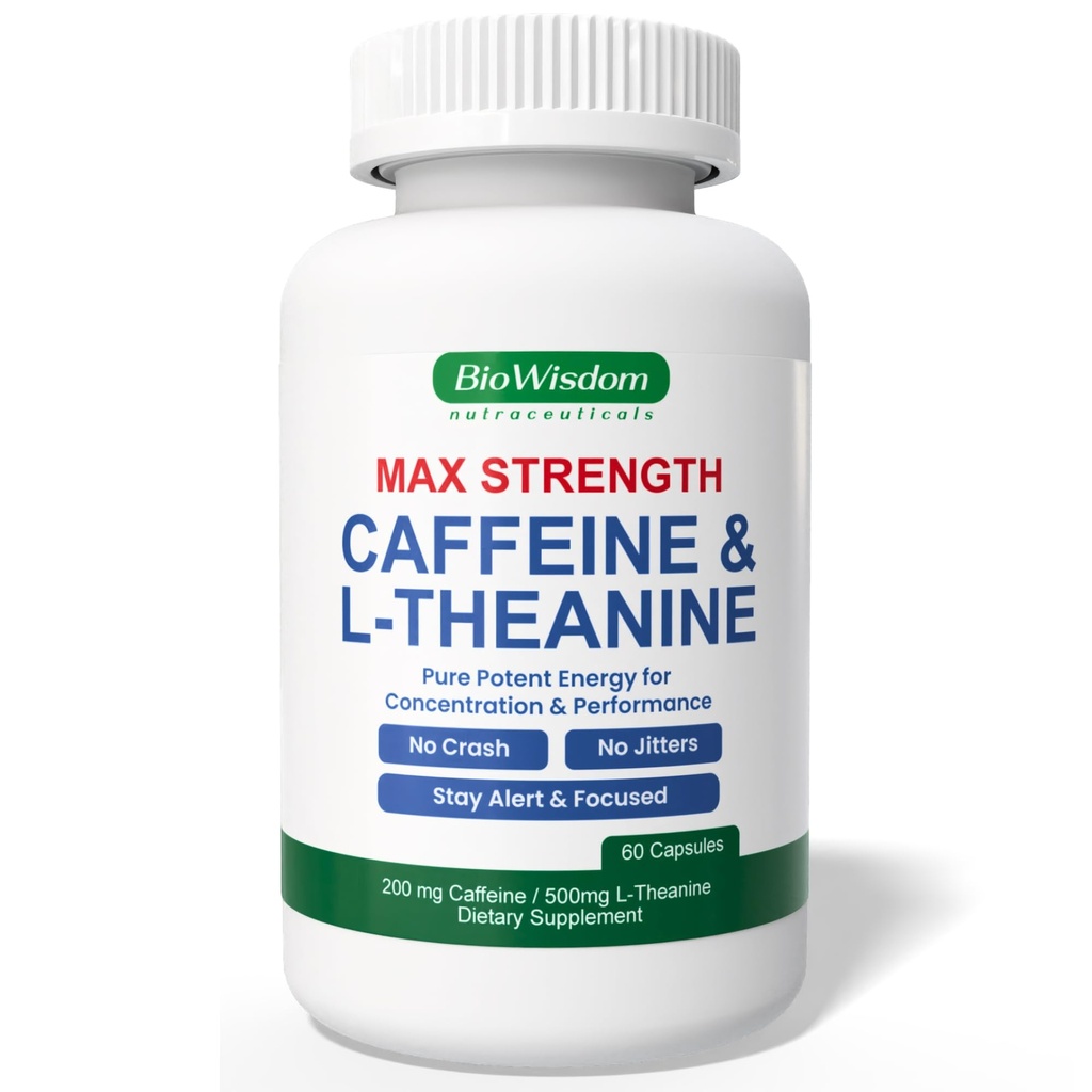 Max Strength Caffeine L Theanine Pills (200mg/500mg) - No Jitters Peak Energy, Focus, Performance, Alertness - Caffeine Pills & L-Theanine Capsules, No Crash & Drowsiness, Potent Supplement, 60 Count