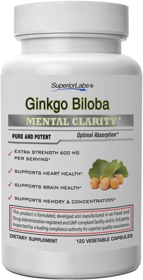 SuperiorLabs Ginkgo Biloba 1200 mg, Non- GMO, Sort Pepper for Øget Absorption, Ginkgo Extract, Forbedrer hukommelse & fokus, cirkulering Booster, Natural Antioxidant Nootrope, 120 Veg Caps