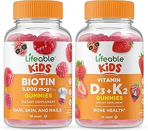 Lifeable Biotin Kids + D3- vitamin + vitamin K2 Kids, Gummies Bundle - Great Tasting, Vitamin Supplement, Gluten Free, GMO Free, Chewable Gummy