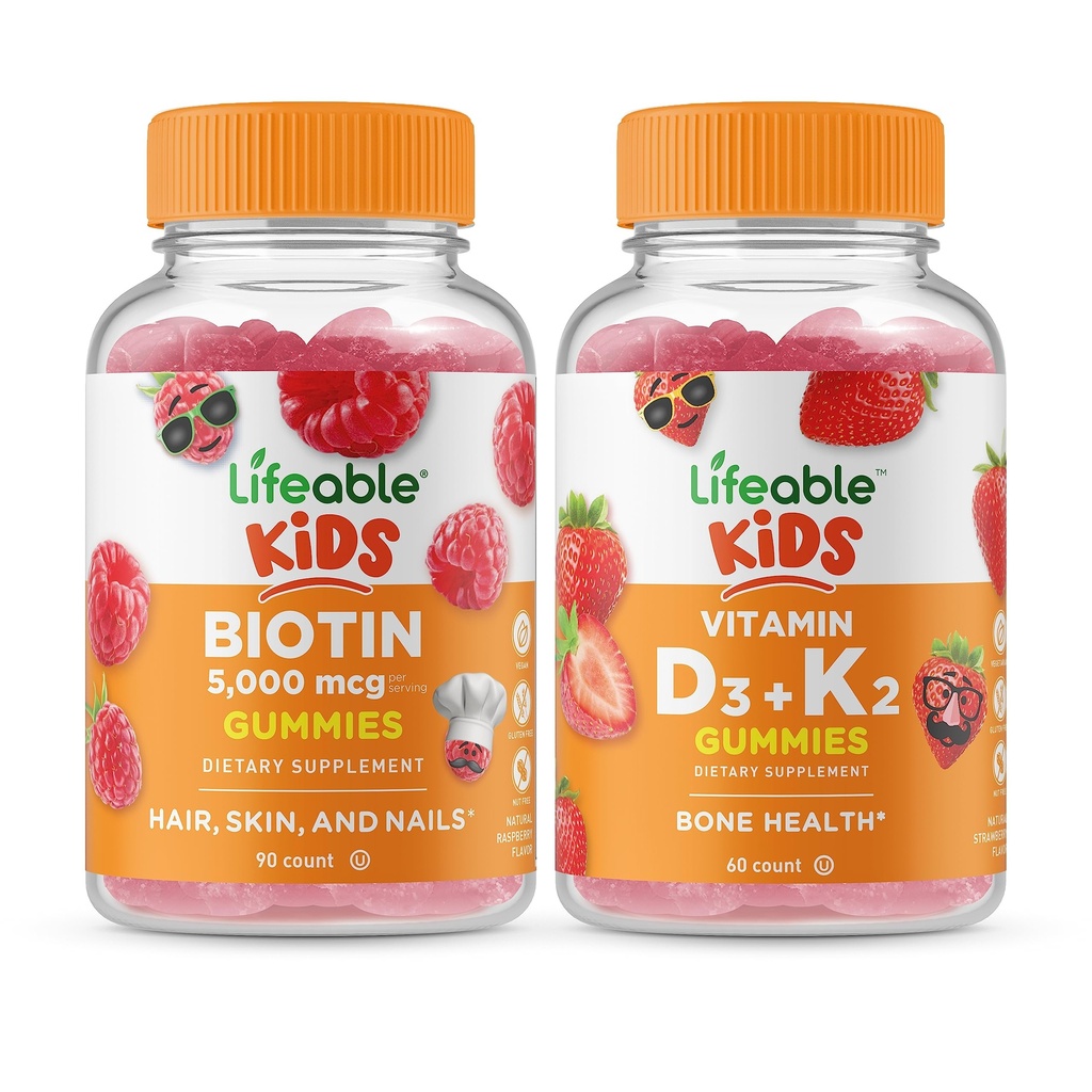 Lifeable Biotin Kids + D3- vitamin + vitamin K2 Kids, Gummies Bundle - Great Tasting, Vitamin Supplement, Gluten Free, GMO Free, Chewable Gummy