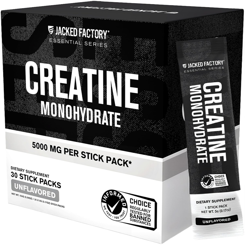 Jacked Factory Creatine Monohydrate Stick Packs 150g - 5g Daily Creatine Supplement for Men and Women, Vegan-Friendly, Third-Party Tested - 30 Servings, Unflavored