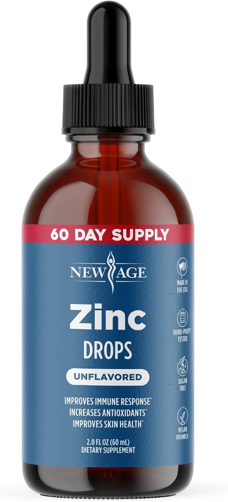 Ionic Zink Liquid Drops - Høj potens immunbooster Zink supplement, immunforsvar, kraftfulde naturlige antioxidant, ikke-GMO - af New Age (Væske 2 OZ), pakke med 1