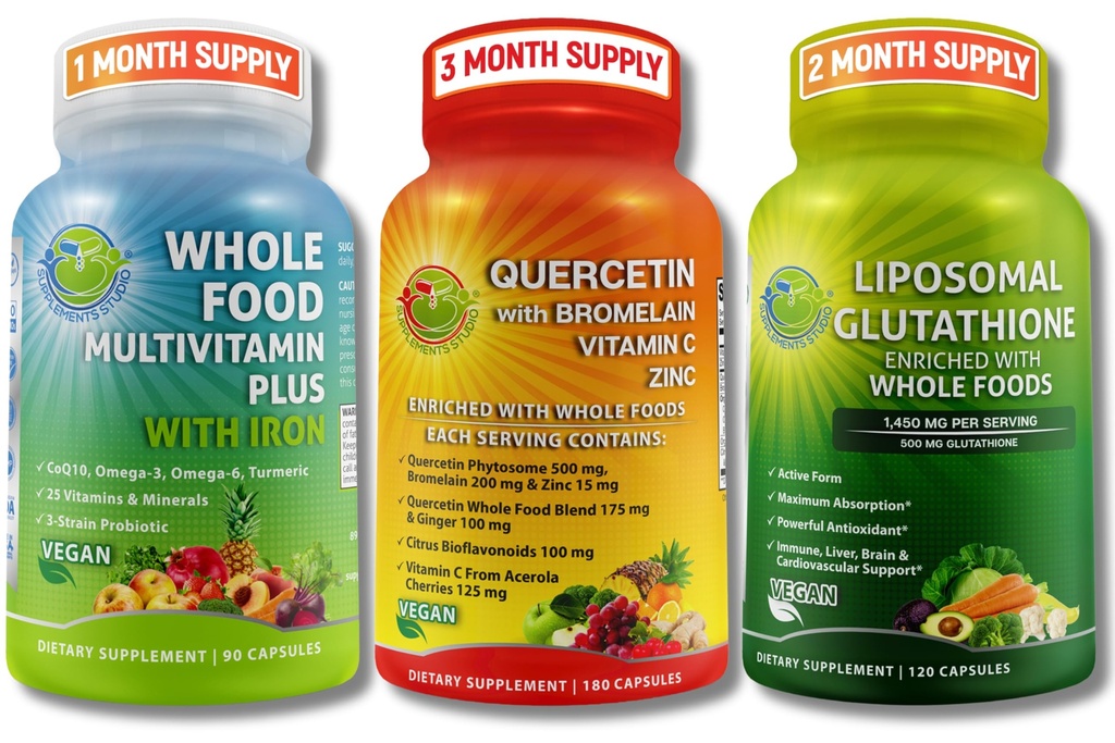 Immunation & hele kroppen Wellness Bundle - Quercetin med Bromelain + Hel Food Multivitamin med Iron + Liposomal Glutathion 500mg - Antioxidant, Respiratoriske & immunforsvar - Vegan, non- GMO