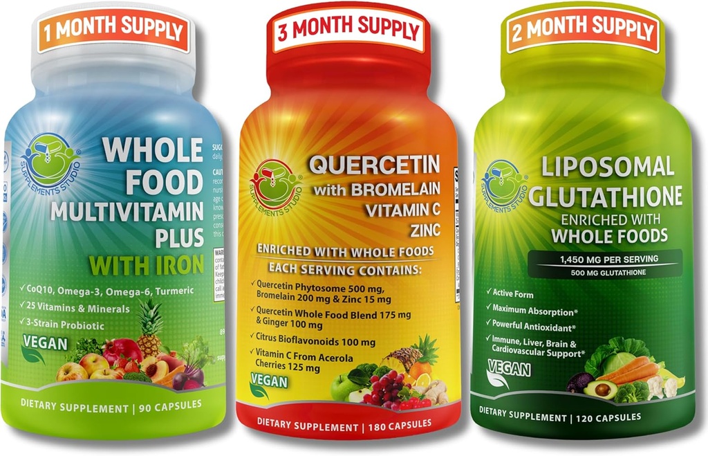 Immune & Whole Body Wellness Bundle – Quercetin with Bromelain + Whole Food Multivitamin with Iron + Liposomal Glutathione 500mg – Antioxidant, Respiratory & Immune Support – Vegan, Non-GMO