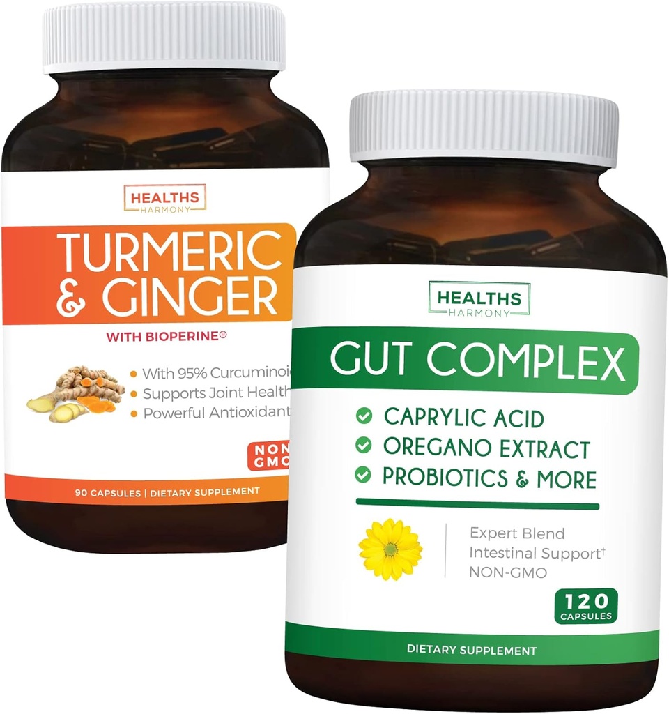 Gem $11 (23% Off) - Gut Balance Bundle - Gut Complex med Kapsel Acid for Balanced Gut Health & Probiotic Support (120 Kapsler) & Gurkemeje & Ingefær med 95% Curcuminoider & Bioperine (90 Kapsler)